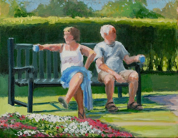 shelley lowenstein artist oil gesture figurative painting man and woman having tea on park bench narrative