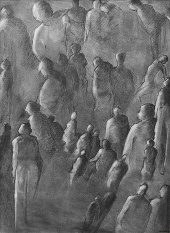 shelley lowenstein abstract realism graphite on paper crowd of figures looking upward toward light angels