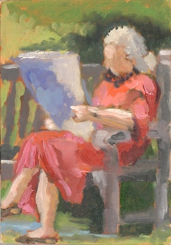gesture study oil small elderly woman reading a newspaper on a park bench national cathedral shelley lowenstein