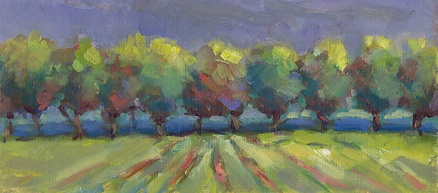 shelley lowenstein plein air oil painting landscape burgundy france Beaune  fields rows of trees vineyards