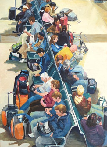 railroad station waiting room, figures, narrative, shelley lowenstein, crowd of people