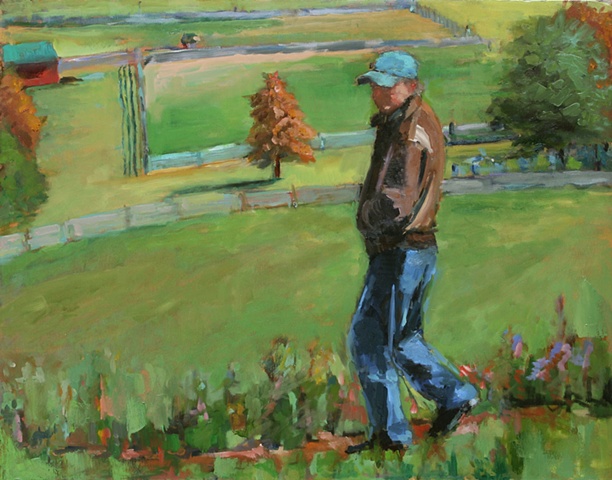 shelley lowenstein contemporary oil gesture figurative painting narrative man on rural hill at kentuck knob pennsylvania field