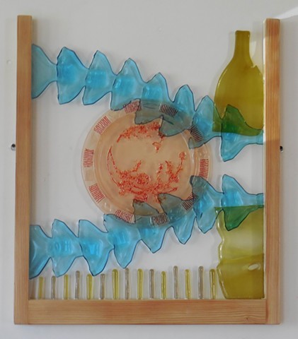 bottle glass, pink platter, red frit, recycled wood 