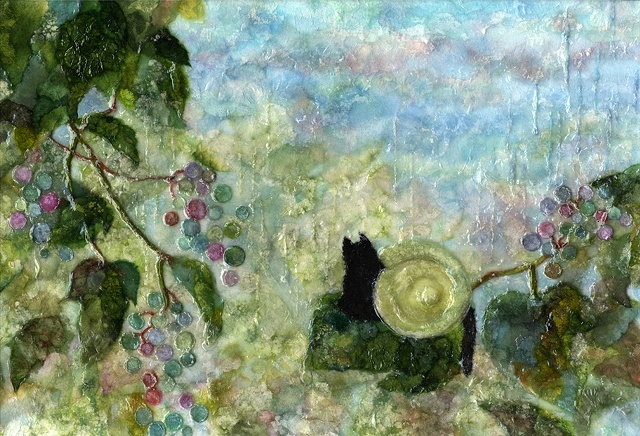 snail cat and porcelain berry on a rainy day painted with Japanese colored papers.