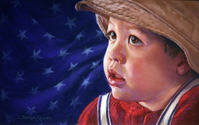 Pastel Portrait of a Young Boy with American Flag Symbol by Sally Baker Keller