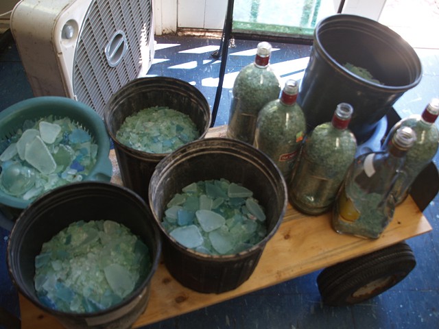 Tumbled auto glass and bottle glass is washed and dried and ready to be used.