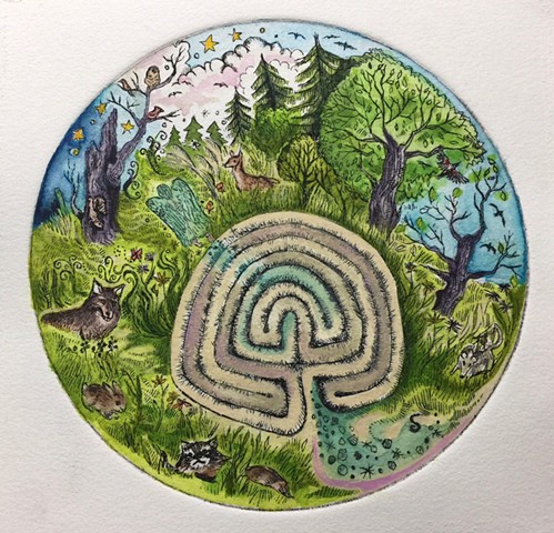 Etching hand-colored of a labyrinth with trees, birds, woodsy creatures