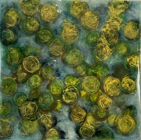 Microcystis by hand, mixed media and resin on panel, 12" x 12"
