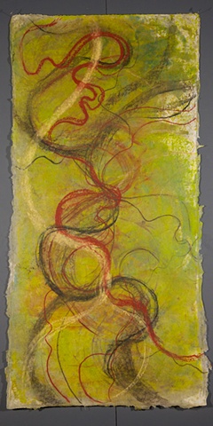 One of series of encaustic & mixed media abstract aerial landscapes based on river channels.