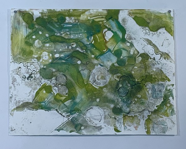 Microcystis abstraction - greens -  encaustic monotype on Rives lightweight, 26" x 20"