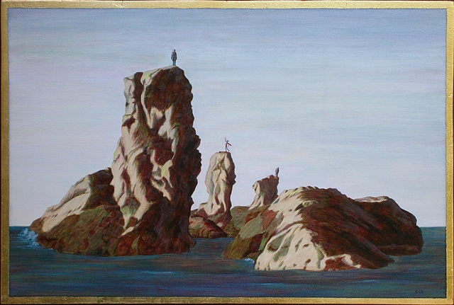 oil and acrylic painting on panel of rock landscape by female artist Karen S. Purdy