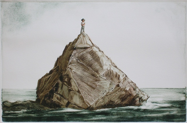monotype color print of rock landscape portrait by female artist Karen S. Purdy