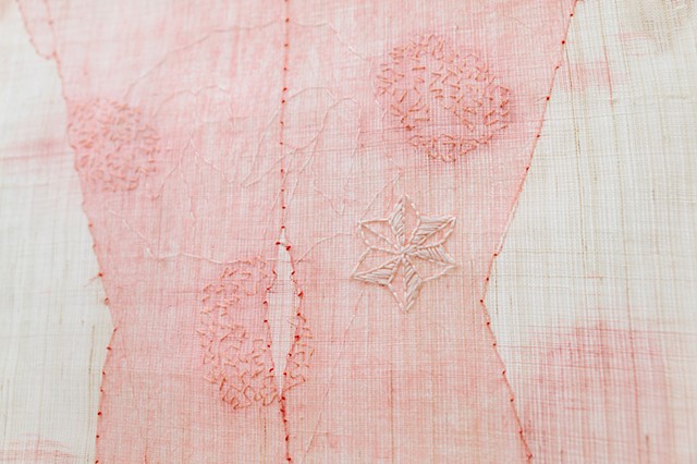 "Maternal Garden" detail, papier-mâché, embroidery, woodblock print, stamp print.