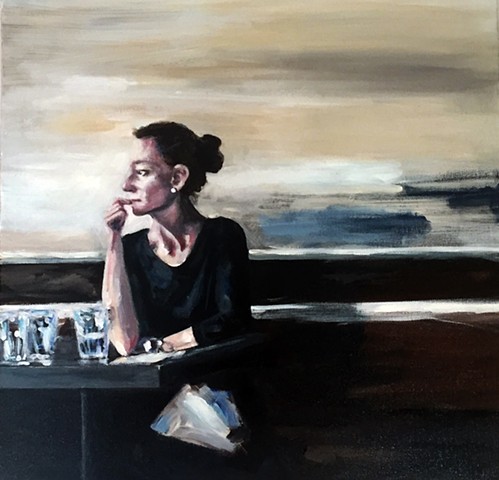 painting, woman eating, blue, neutrals, food, restaurant 