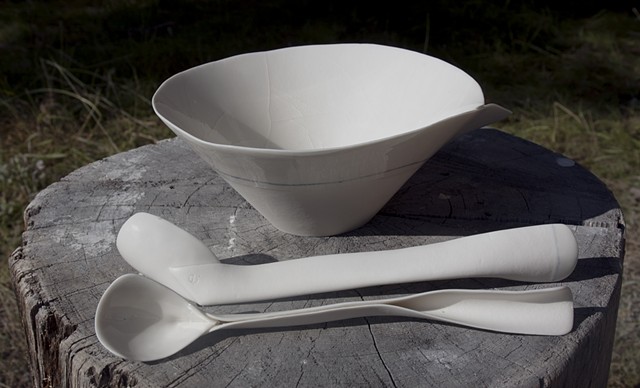 Paper clay, slab-constructed bowl and ladles, Cone 10 reduction.