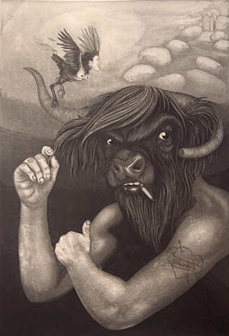 This piece was created for an exchange portfolio reimagining scenes from Dante's Inferno.  My piece depicts the mythological Minotaur, guardian of Hell's Seventh Circle, who bristles at the approach of Virgil and Dante from the boulders above. Also featur