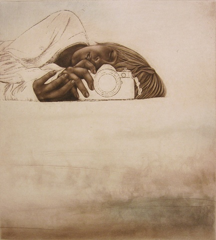 Intaglio print featuring a young girl squinting behind a camera by Carrie Lingscheit
