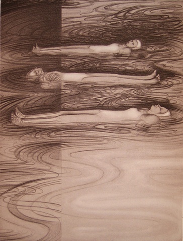 three women  in swimsuits and swim caps floating on rippled water, x-ray strip on left