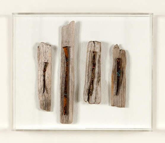 Ships nails from Putney Reach mounted on found wood from Montauk fastened with mooring threads from Holbrook Creek.
