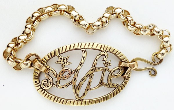 chased bronze ID bracelet with brass chain