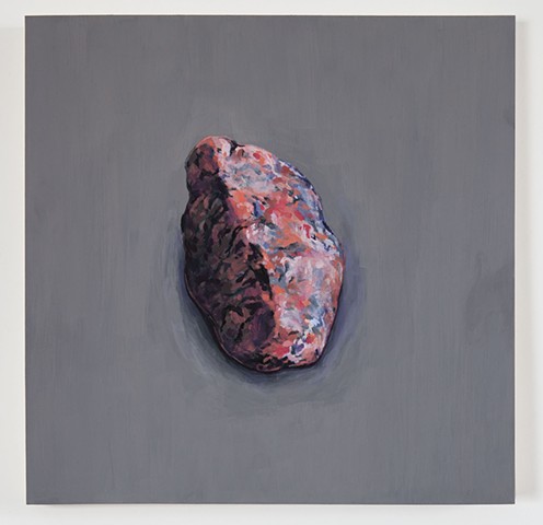 painting of small pink granite rock on gray background