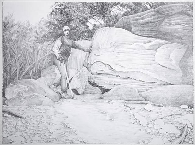 pencil drawing of figure with cane stepping down off a small rock, leaning on a much larger rock with one gloved hand