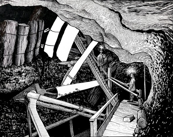 The rock is self-supporting. Structures support the men.