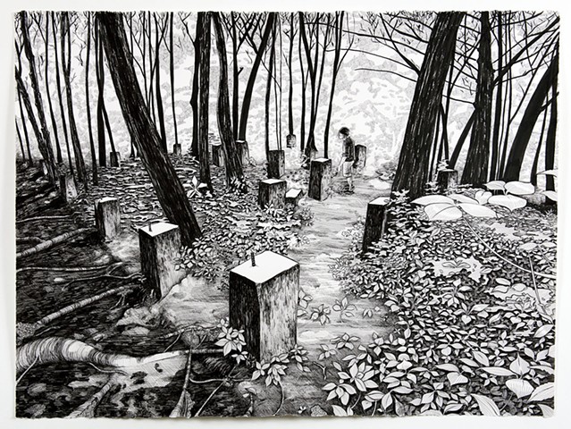 ink drawing of person in forest landscape with rectangular pillar forms around them