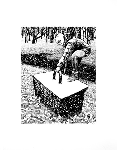 black ink drawing of a person tugging iron ring set into large block of stone, one foot up on the stone