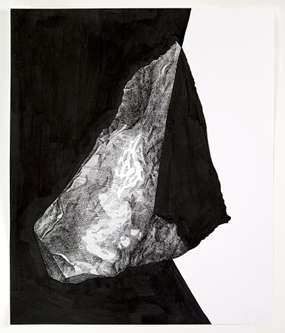 ink drawing of rock, black background on left side, white background on right