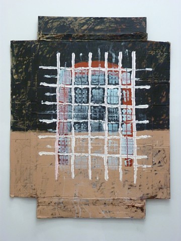 acrylic and oil painting of grids and street art on cardboard by Jay Hendrick