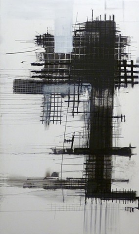 black and white charcoal and acrylic painting of grids on canvas by Jay Hendrick