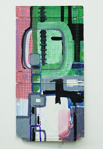 acrylic painting of grids and graffiti on cardboard by Jay Hendrick