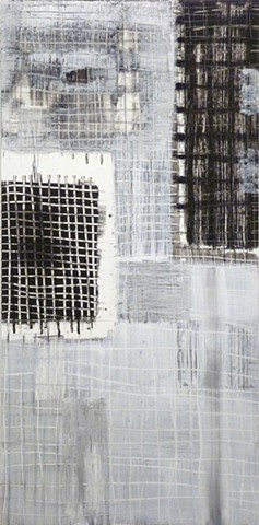 black and white charcoal and acrylic painting of grids on wood by Jay Hendrick