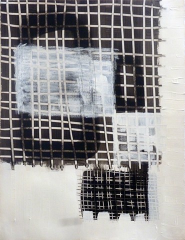 black and white charcoal and acrylic painting of grids on paper by Jay Hendrick