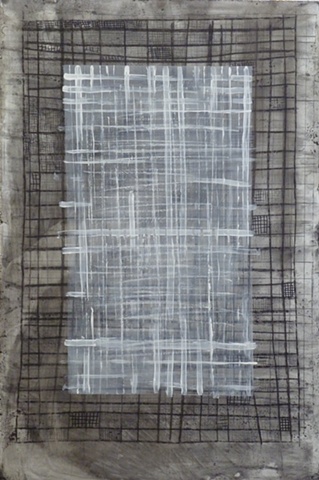 black and white painting of grids on wood by Jay Hendrick
