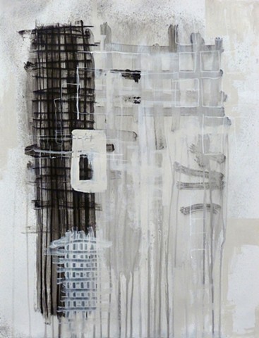 black and white charcoal and acrylic painting of grids on paper by Jay Hendrick