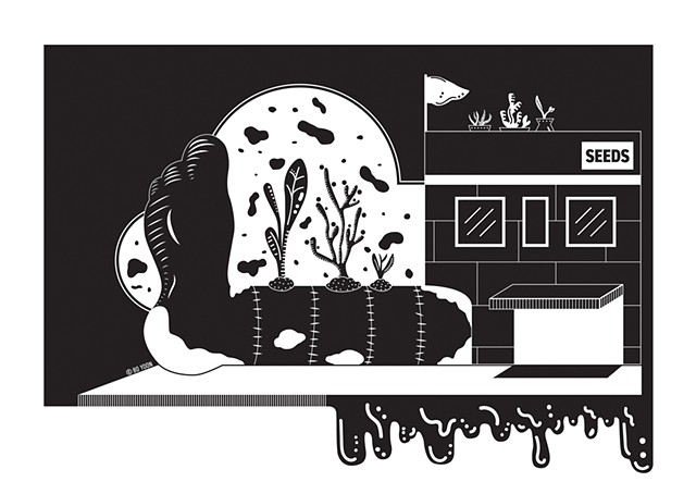 Black and white digital art of dusty fever series life growing out of death by illustrator and artist Bo Yoon