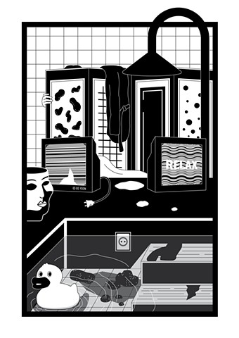 Black and white digital art of dusty fever series electric bath by illustrator and artist Bo Yoon