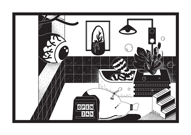 Black and white digital art of dusty fever series have a bath by illustrator and artist Bo Yoon