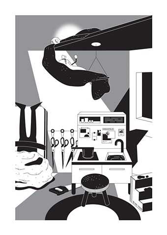 Black and white digital art of dusty fever series cooking inside of you by illustrator and artist Bo Yoon