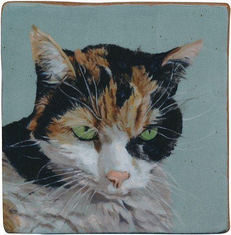 Ceramic handmade and hand painted tile of a cat named Beatrice, by Chantelle Norton.