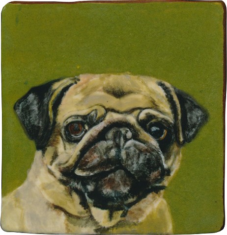 Ceramic handmade tile, hand painted with underglazes, high-fired, dog portrait of a Pug by Chantelle Norton.