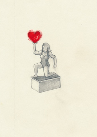 Pencil Drawing on paper of a toy girl wrestler with a heart by artist Chantelle Norton.