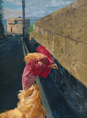 Transylvanian naked neck chicken in Irish landscape with a Martello Tower by Chantelle Norton.