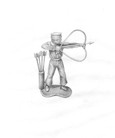 Pencil Drawing on paper of a toy soldier with a bow and arrow in shape of a heart by artist Chantelle Norton.