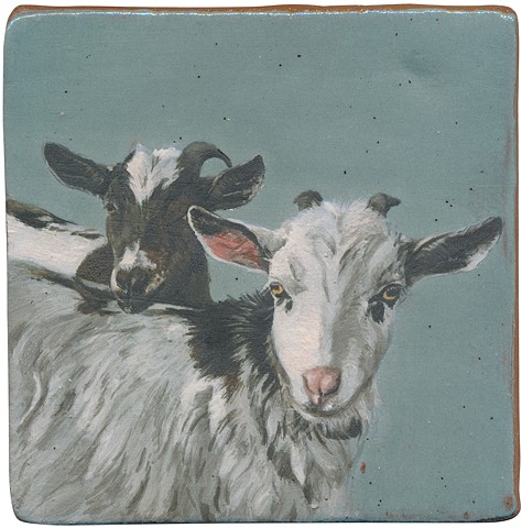 Ceramic handmade and hand painted tile of two goats named Nigel and Teardrop, by Chantelle Norton.
