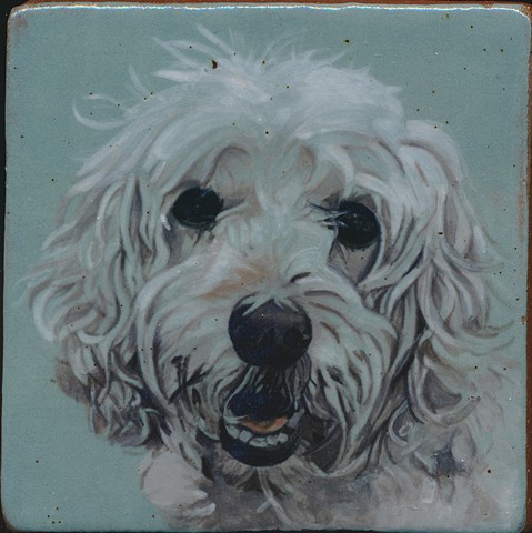 Handmade tile, hand painted with underglazes, high-fired, dog named Roxie by Chantelle Norton.