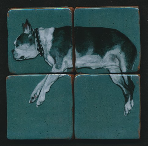 Ceramic handmade tiles, hand painted with underglazes, high-fired, dog portrait of a Boston Terrier by Chantelle Norton.