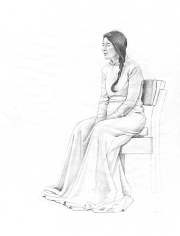 Pencil drawing on paper of the artist Marina Abramovic at MoMA by Chantelle Norton.